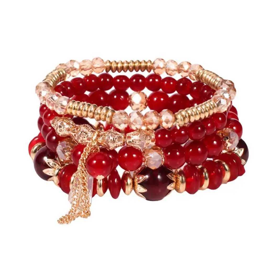 4-piece/set Bohemian artificial agate pearl tassel chain charm bead bracelet for womens jewelry W240913