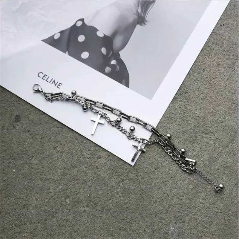 Gothic Hip Hop Metal Cross Pendant Charm Bracelet for Women Female Beads 2 Layering Linked Chain Bracelets Cool Jewelry GiftX240913