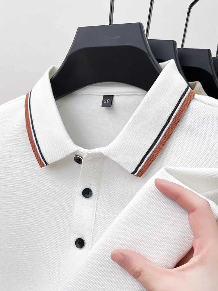 Luxury brand mens 100% pure cotton polo shirt 2024 autumn new item lapel long sleeved casual loose mens clothing W240913