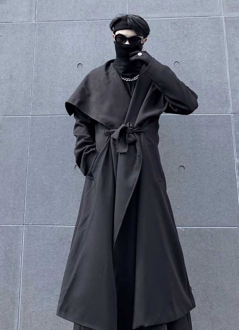 Mens Long Windbreaker Black Loose Large Windbreaker Coat Spring And Autumn New Mens Ins Personality Super Large Neckline Y240913