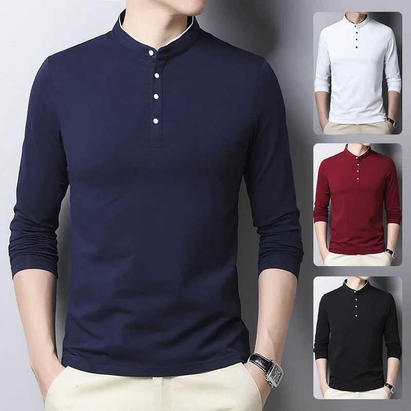Mens fashionable long sleeved polo shirt casual cotton breathable top stand up collar Korean style comfortable T-shirt top W24091314