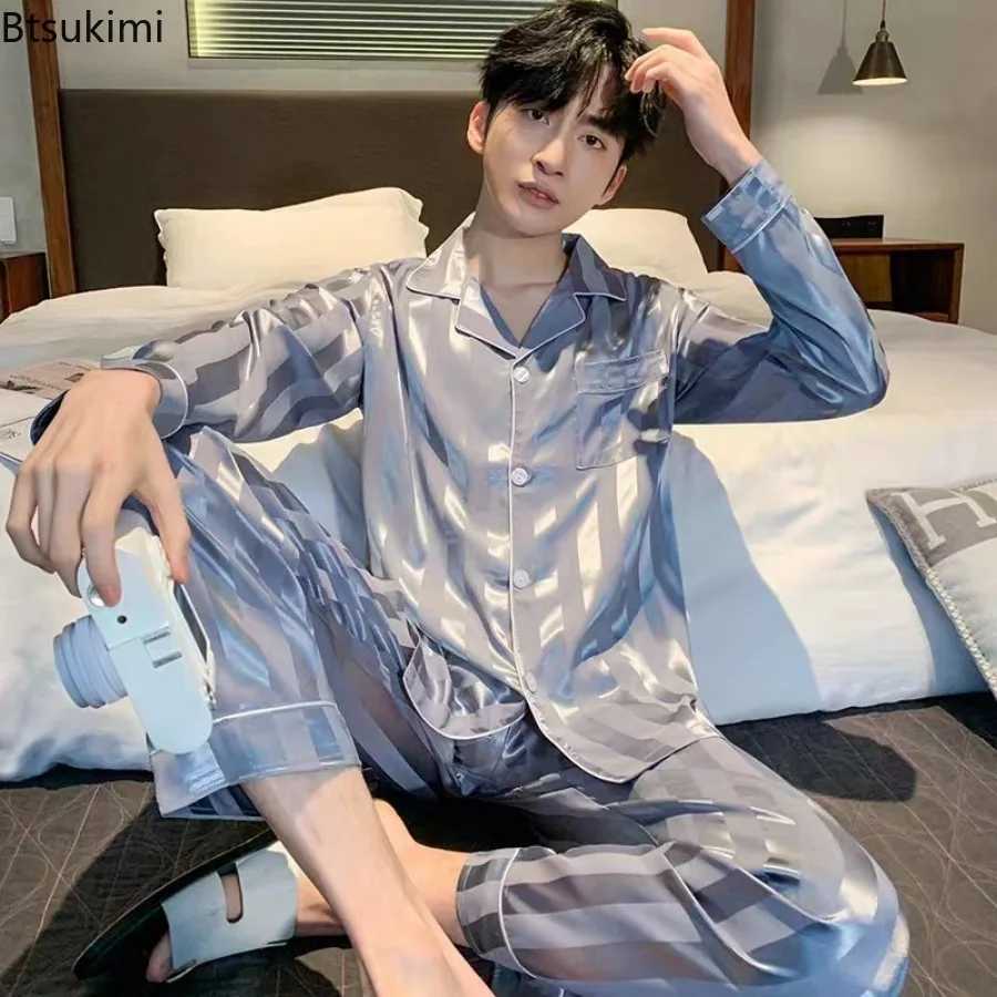 New Loungewear Mens Fashion Long Sleeve+Pants Satin Soft Pajama Sets Comfort Jacquard Ice Silk Home Wear Sleepwear Suit for Men Y240913