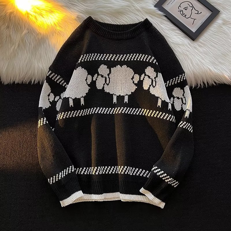 Men Sweaters Autumn and winter new student lazy style retro jacquard sweater Korean version couple knitted sweater jacket trendy Mens crew neck sweate