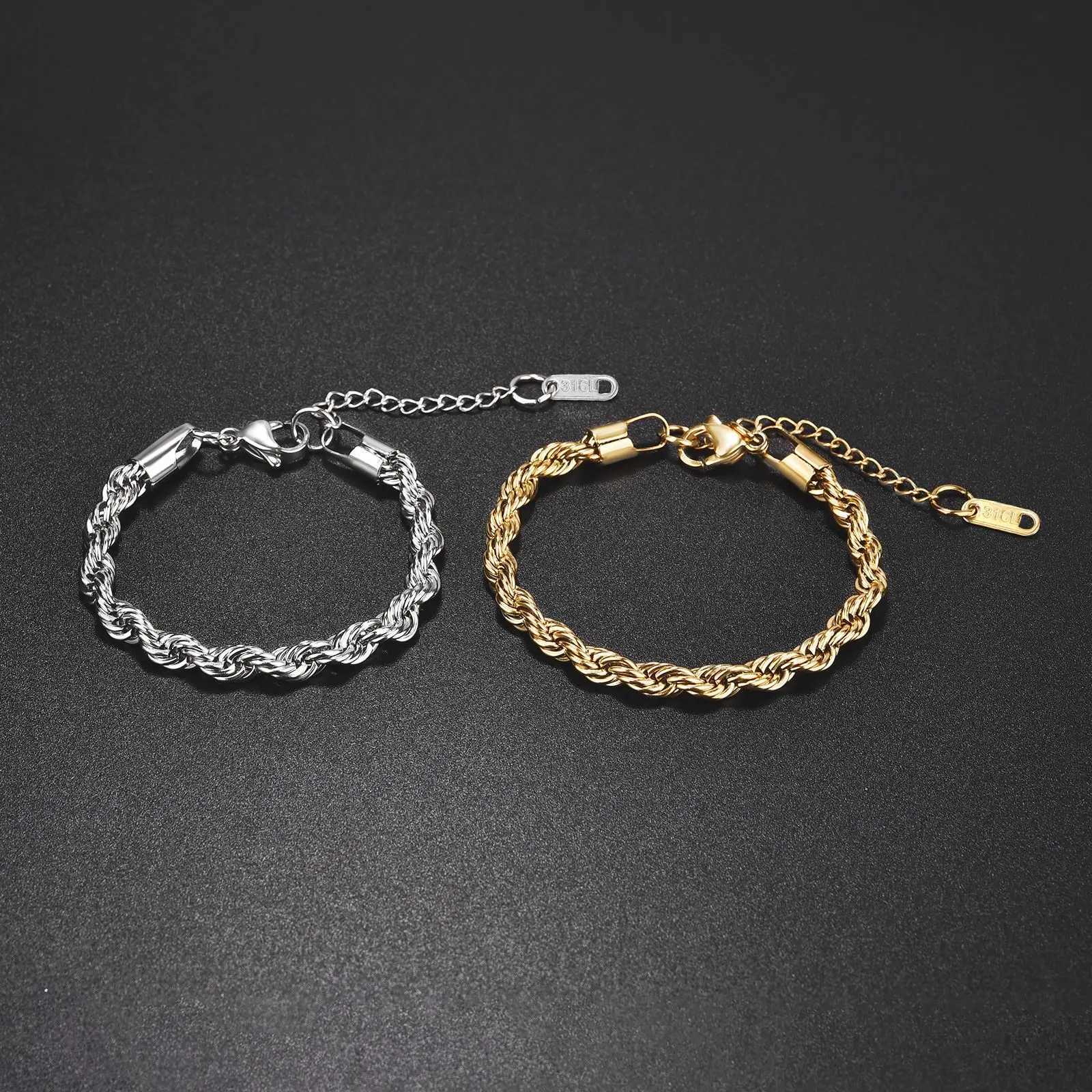 2023 Stainless Steel Twisted Rope Chain Bracelets for Women Men Gold Color Sliver Color Fashion Punk Bangle Length AdjustableX240913