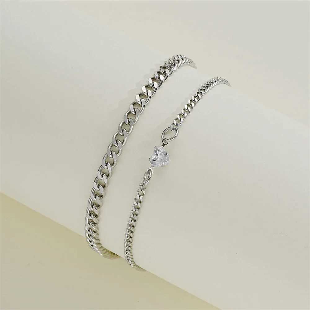 2Pcs 925 Sterling Silver Chain Bracelet Set for Women Men Simple Crystal Heart Adjustable Couple Bracelets Couple Jewelry Gifts XJ250707