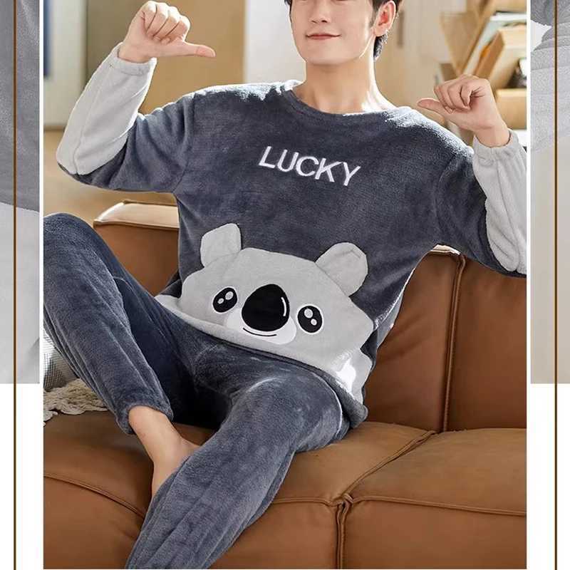 2pcs/Set Mens Pajamas Homewear Autumn And Winter Padded And Thickened Warm Flannel School Uniform Pajamas Coral Fleece boy clot Y240913