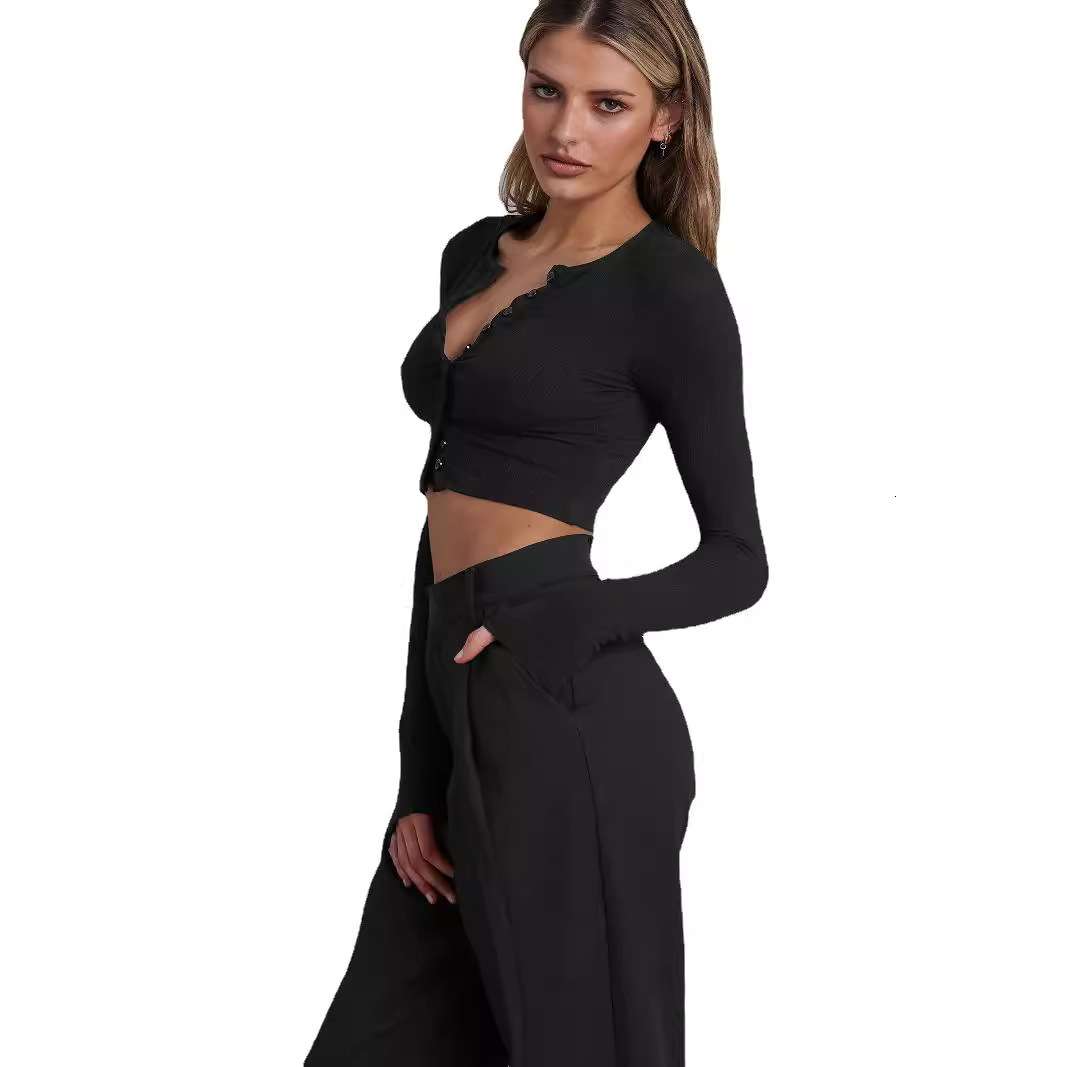 Button ribbed long sleeved knitted cardigan autumn fashion women's short exposed navel versatile bm top