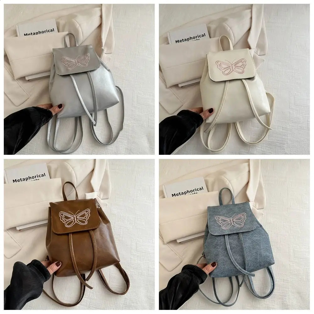 Large capacity Korean square backpack with butterfly pattern Pu leather backpack handbag solid color Y2k school backpack travel 240912