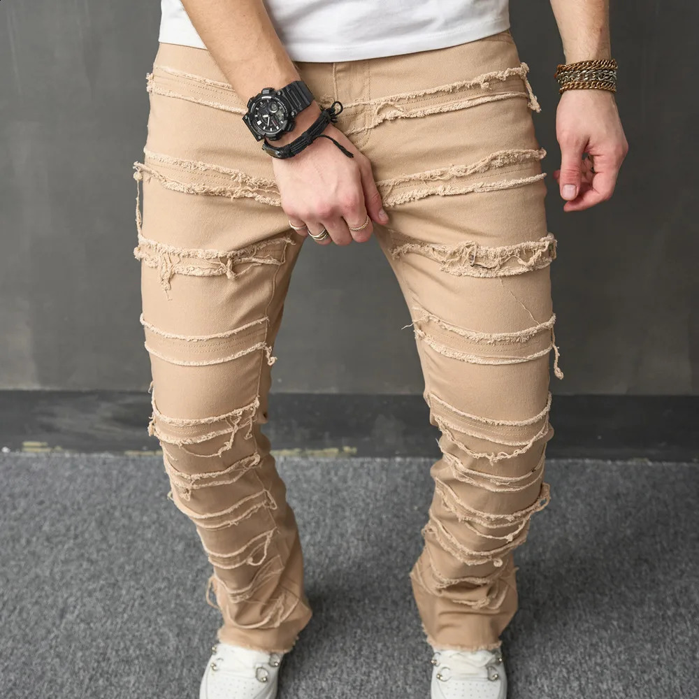 Stylish Men Vintage HipHop Stacked Spliced Distressed Slim Straight Jeans Pants Streetwear Male Ripped Biker Denim Trousers 240912