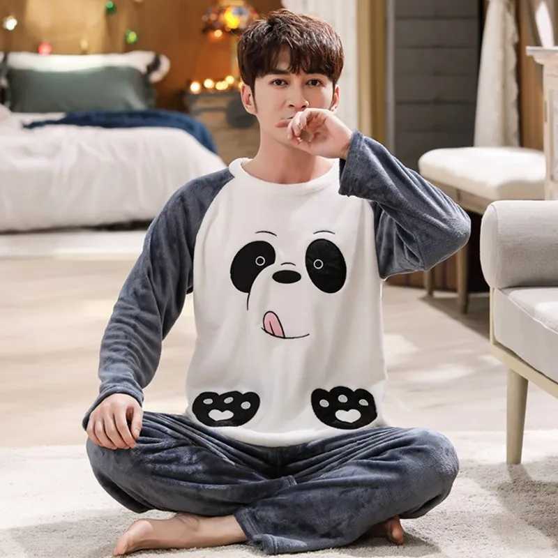Two Piece Men Autumn and Winter Warm Flannel Pyjamas Sets Blue Long Sleeve Elastic Sleepwear Solid Soft Casual O-Neck homewear Y240913
