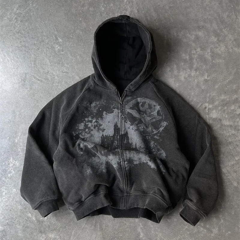 2024 US Y2K Retro Fashion Printed Oversized Zipper Hoodie Harajuku Hip Hop Gothic Sports Hoodie Street Clothing 240912