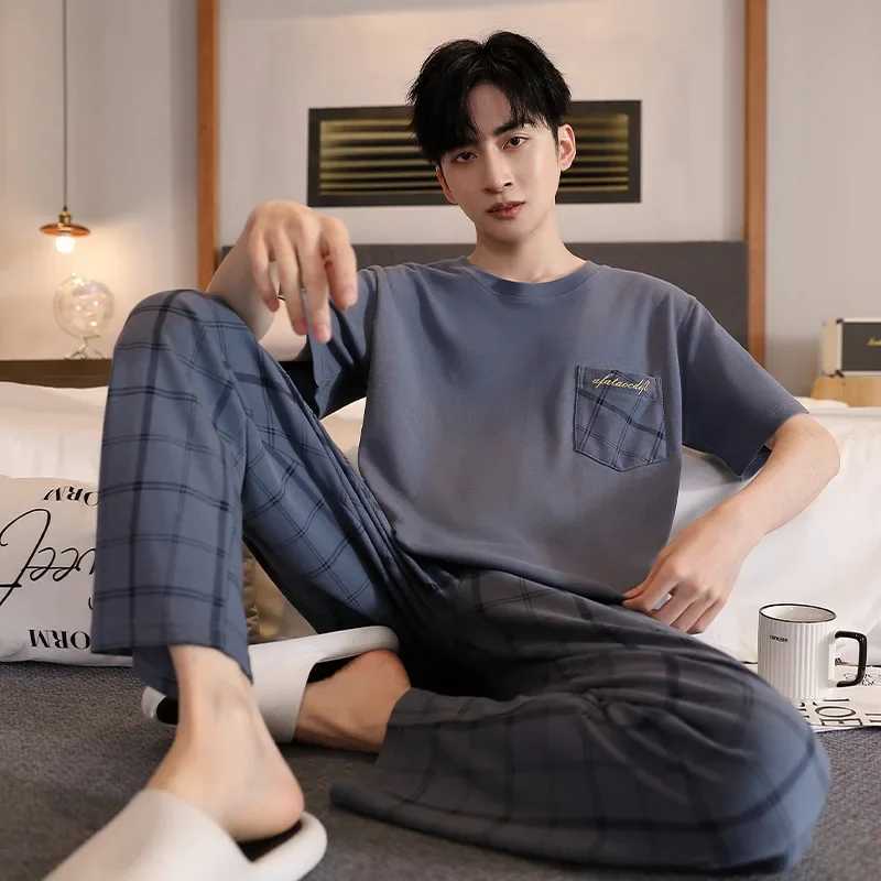 Mens Thin Cotton Pajama Set Summer Short Sleeve Underwear For Youth 2024 New Style Home Clothes Suit Y240913