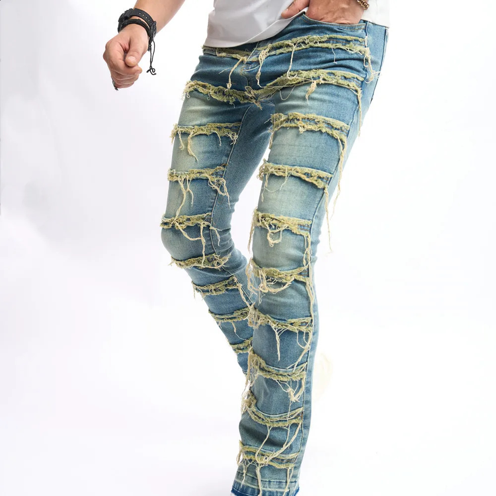 Men Retro Style Stacked Spliced Slim Straight Biker Jeans Pants Streetwear Male Casual Denim Trousers 240912