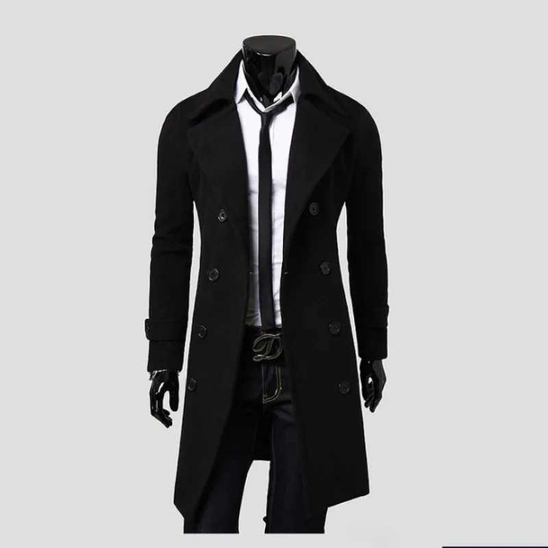 Long Trench Coat Outwear Men Coat Turndown Collar Windproof Thick Jacket Stylish Warm Pure Color Trench Coat for Office Y240913