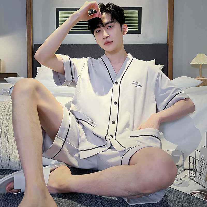 Japan Kimono Mens Sleepwear Summer Cotton Short Sleeves Pajamas Set Casual Loungewear for Man Cardigan Leisure Pijamas Dropship Y240913