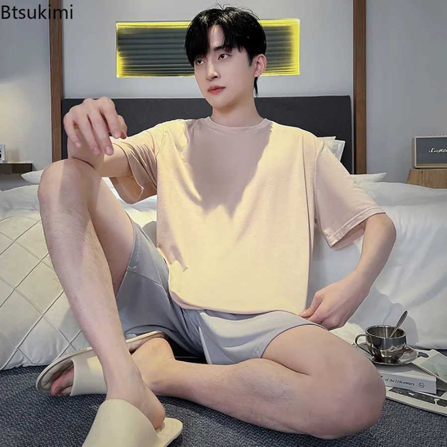 Summer New Cotton Casual Pajamas Two Piece Sets Mens Fashion Patchwork Loose Breathable Home Wear Simple Lounge Nightwear Suits Y240913