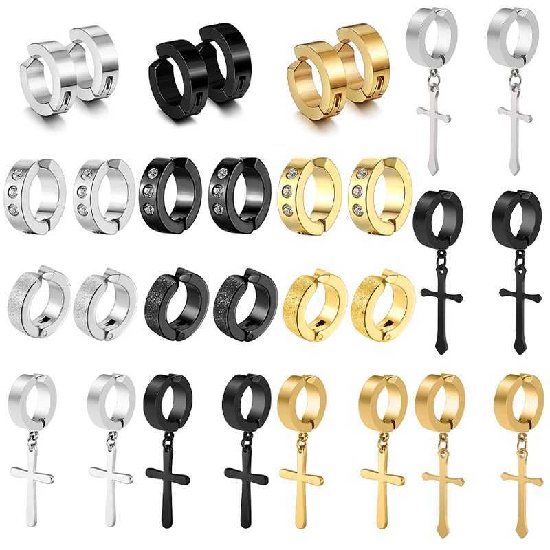 2 Pcs Stainless Steel Clip On Earrings For Women Men Black Gold Color Cross Gothic Punk Rock Drop Pendiente Non Piercing JewelryX240913