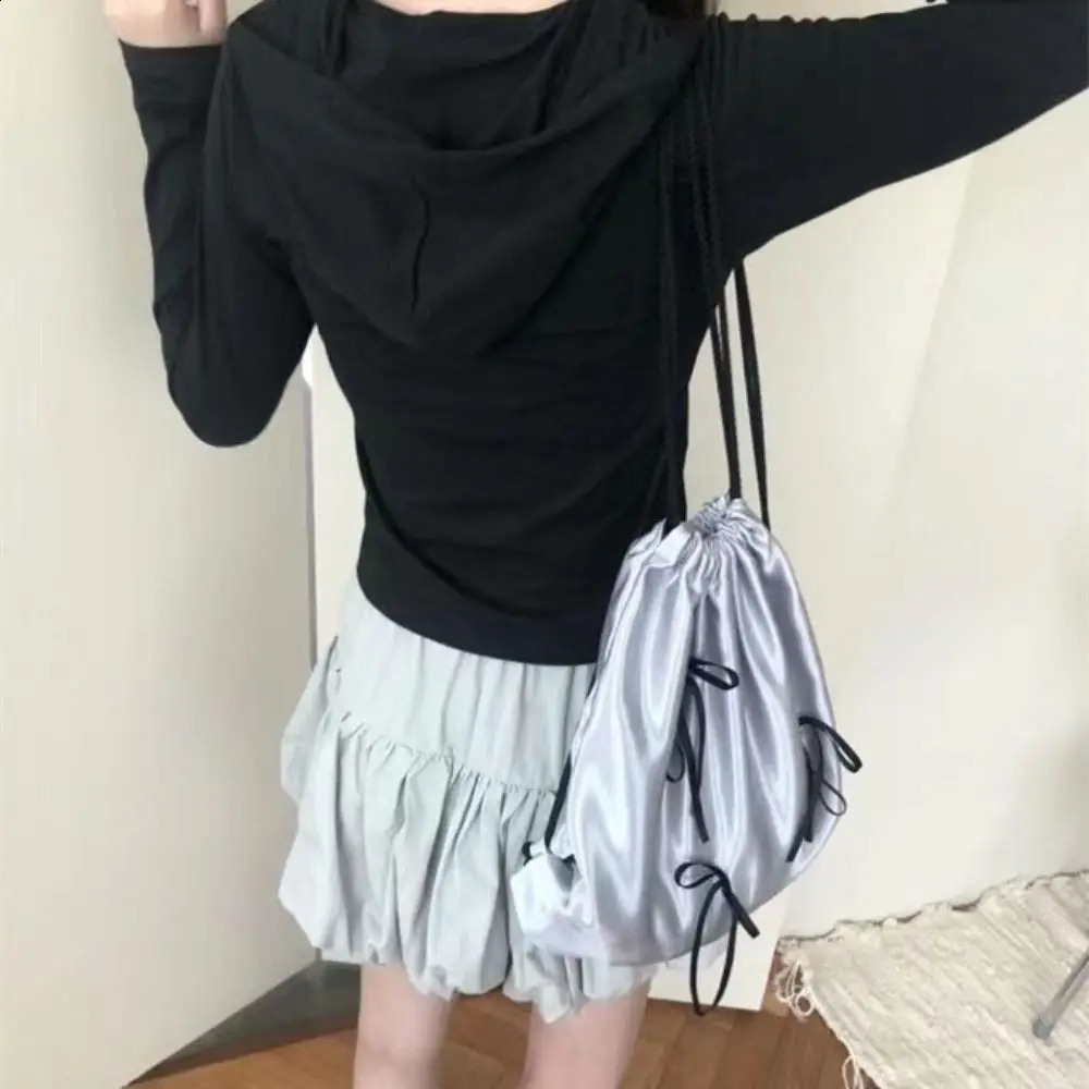 Creative Satin Bow Drawstring Backpack Large Capacity Y2K Travel Backpack Korean Shoulder Bag School Bag 240912