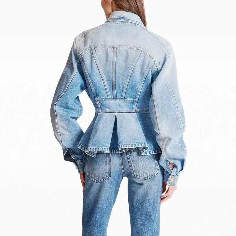 Womens shoulder strap denim jacket metal button decoration lapel long sleeved shoulder strap high-quality washed cotton autumn 240906