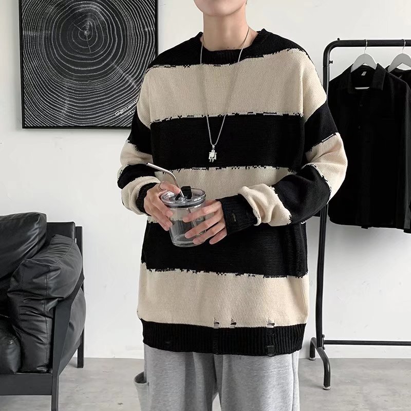 Men Sweaters Striped sweater mens spring and autumn autumn Korean version trendy new item knit sweater contrasting colors on clothes Mens crew neck sw