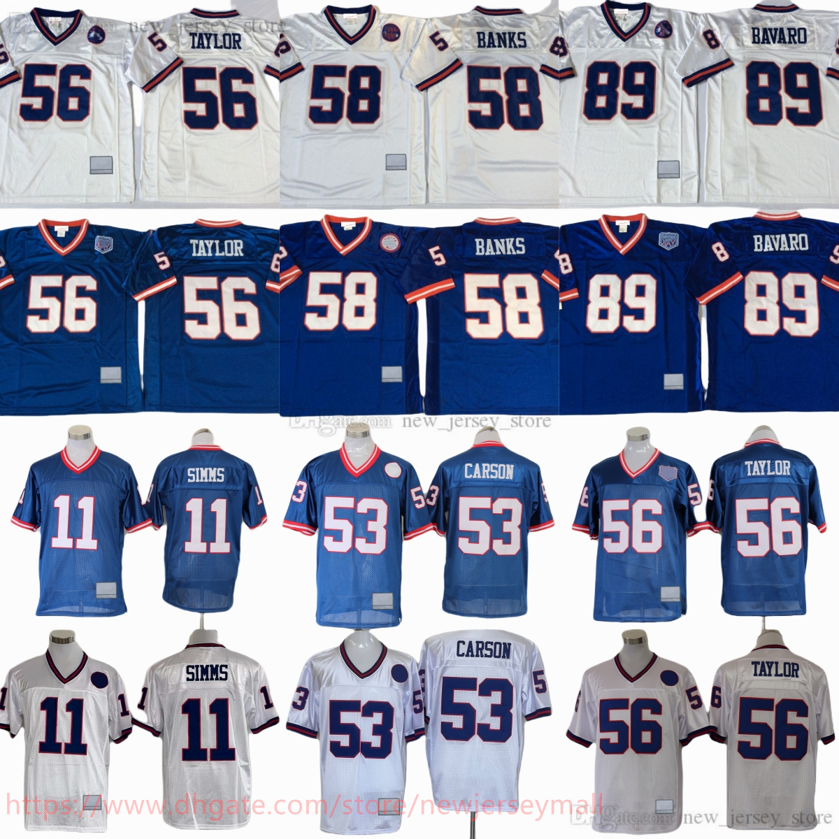 College 1990 Throwback Football 56 Lawrence Taylor Jersey Retro Stitched 89 Mark Bavaro 11 Phil Simms 53 Harry Carson 58 Carl Banks Jersey Vintage Breathable Sport
