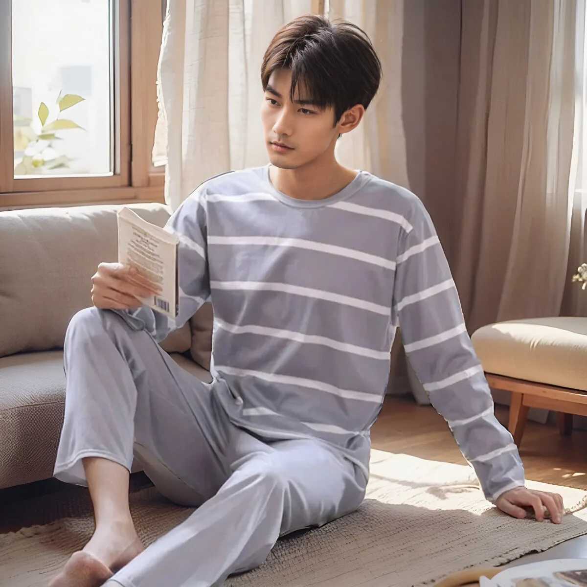 Mens Round Neck Homewear Long Sleeved Pants Set Can Be Worn Externally Leisure Stripe Style Spring And Autumn Pajama Set Y240913