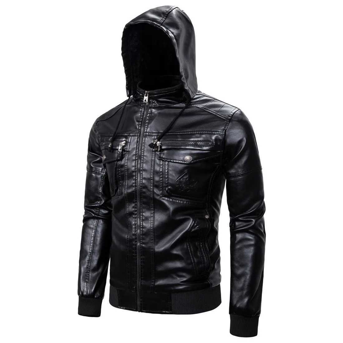 Mens Leather Jacket with Plush Insulation Classic Imitation Sheepskin Hood Business Casual Pu Sports Jacket Autumn and WinteX240913