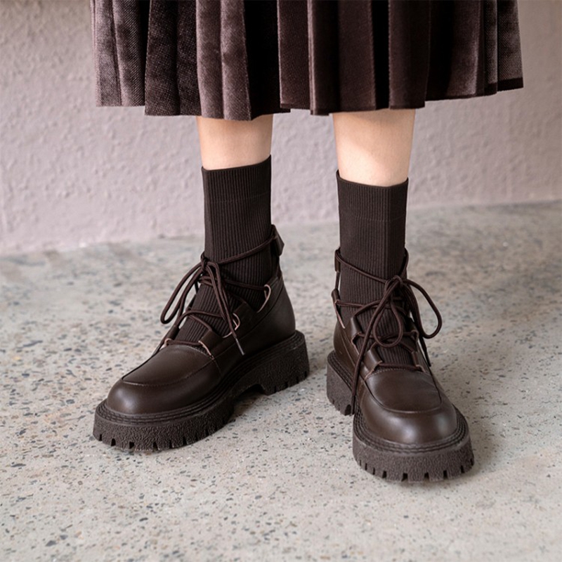 Genuine Fashin Leather Platform Fall Shoes 2021 Winter Round Toe Low Thick Heel Women Boots dc26