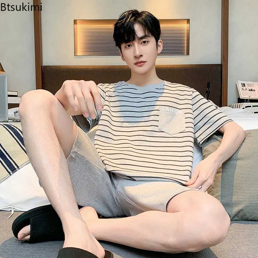 Summer New Cotton Casual Pajamas Two Piece Sets Mens Fashion Patchwork Loose Breathable Home Wear Simple Lounge Nightwear Suits Y240913