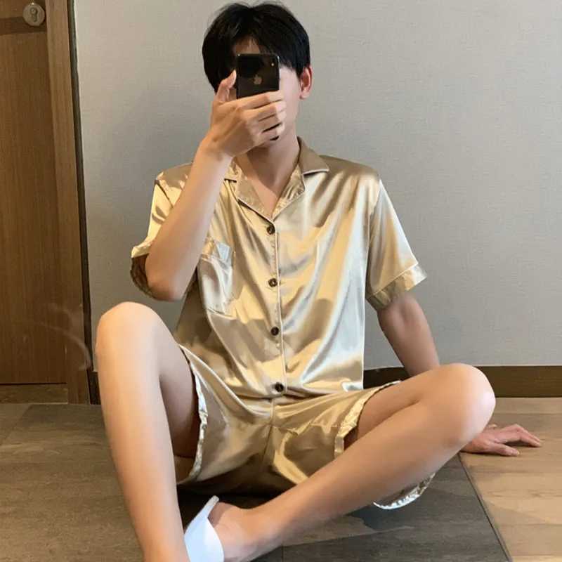 New Summer Men Satin Silk Pajamas Sets Korean Style of T-Shirt Shorts Male Pijama Sleepwear Leisure Plus Size Home Clothing Y240913