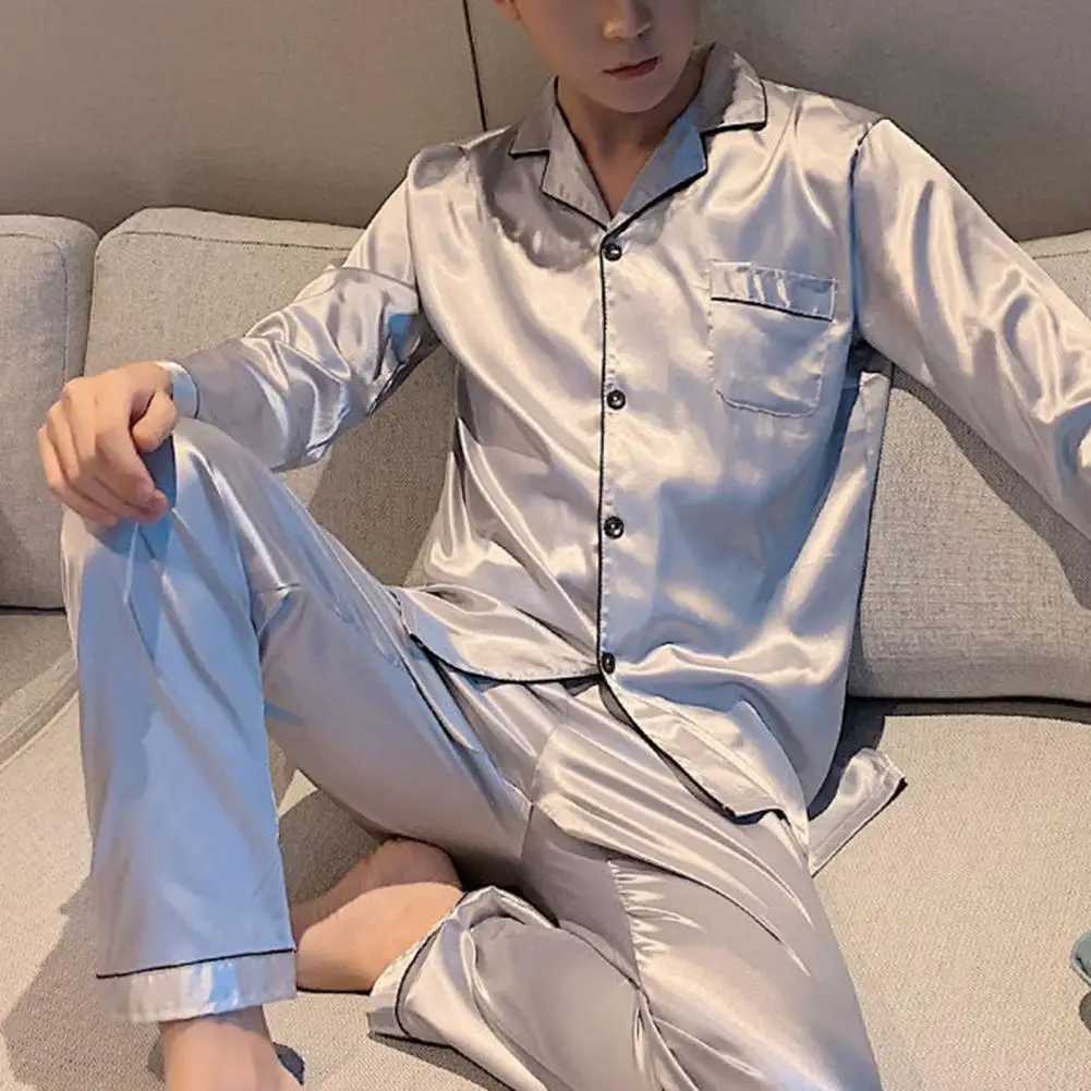 New Elegant Satin Mens Pajama Sets Long Button Sleepwear Male Sleeping Home Clothes Silk Night Wear Pijama Big Size Loungewear Y240913