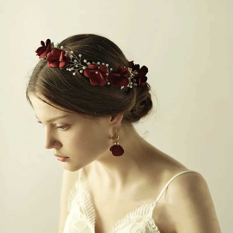 Artificial Flower Hairband Wedding Tiaras For Women Red Floral Pearl Headband Elegant Girls Hair Hoop Bridal Headwear JewelryX240913