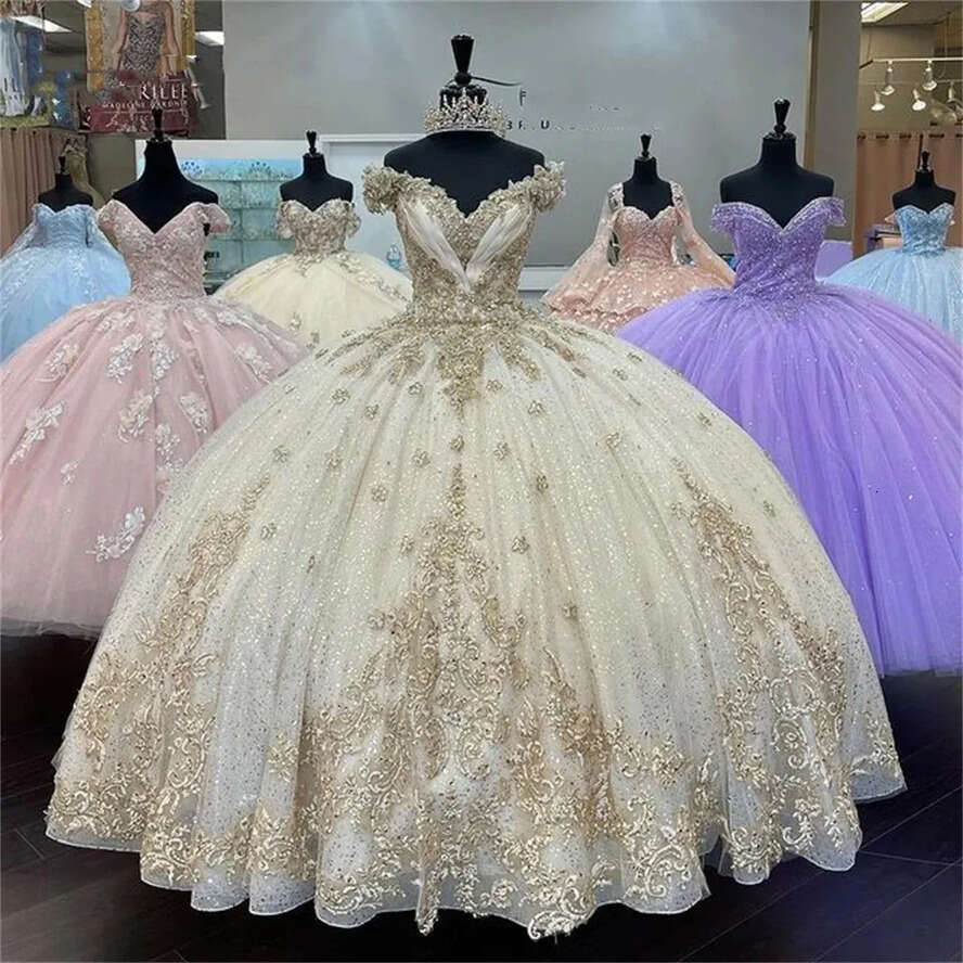 Sweetheart Champagne Ball Lace Gown Quinceanera Dresses Beaded Celebrity Party Gowns 3D Wers Graduation Lantern Sleeve Vestido De 322 S s