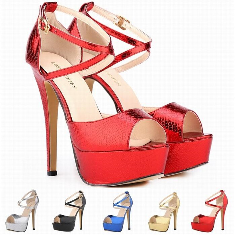 zapatos mujer 2024 women sandals PU Buckle Strap 14CM Thin Heels Peep Toe Cross strap Waterproof platform OL Office Woman shoes