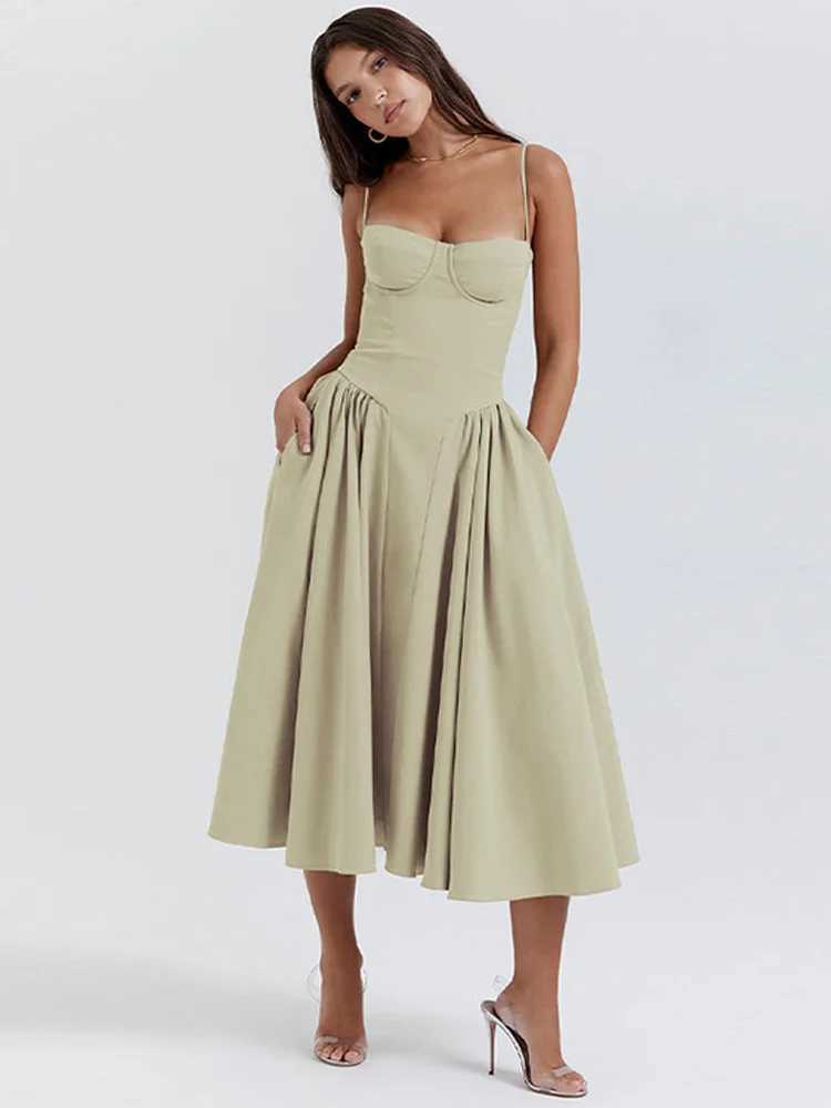 Sexy solid pleated hem camisole dress for womens fashion Midi sleeveless backless dress for womens 2024 summer party evening A-line robe W240913