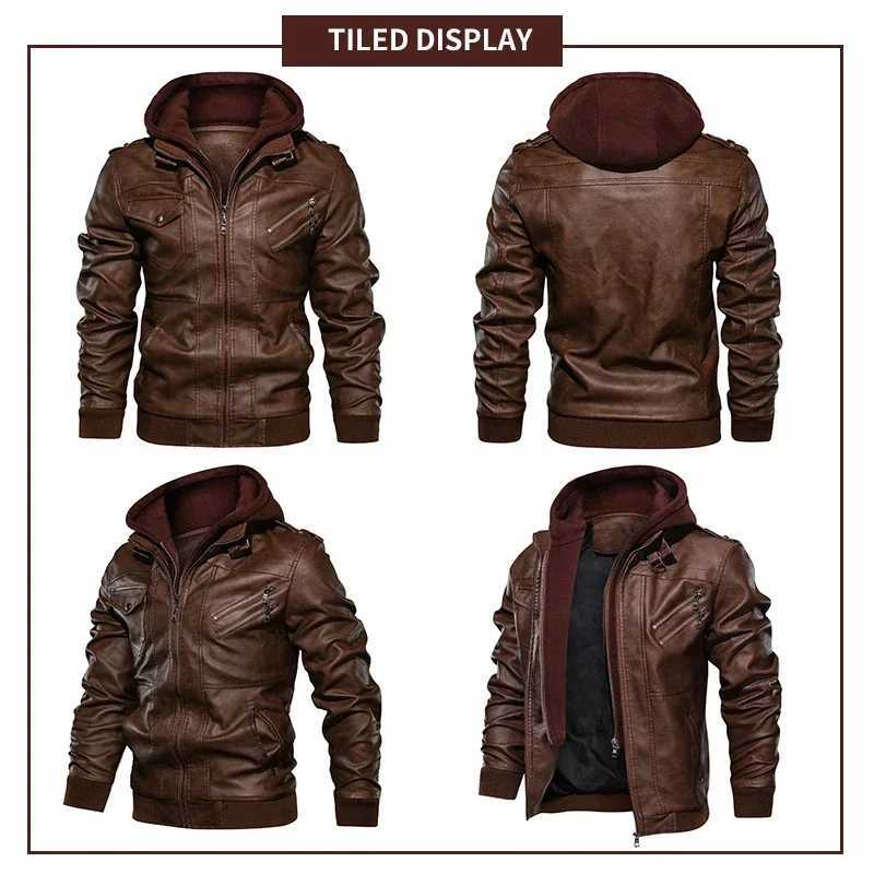 Hood Crew Mens Casual Stand Collar PU Faux Leather Zip-Up Motorcycle Bomber JacketX240913