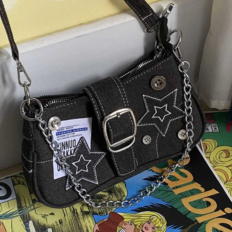Y2k Fashion Women s Handbags Stars Pattern Cool Girls Underarm Bag Canvas Female Small Shoulder Bags Chain Tote Purses 240913