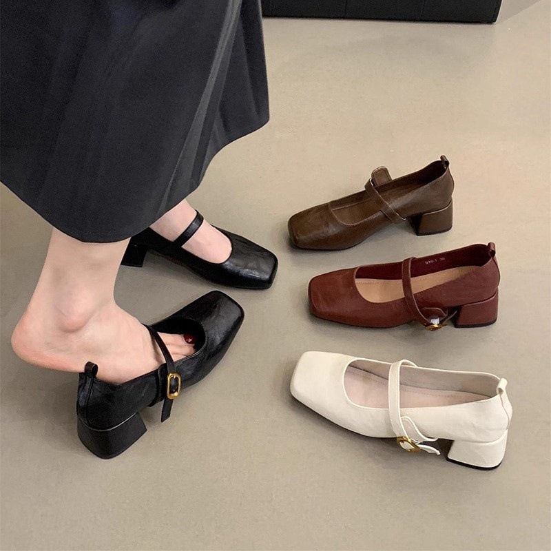 French Retro Square Toe Shallow Slip-On Women's Shoes, Spring and Autumn Evening Temperament Fairy Thick Heels, Small Leather Shoes