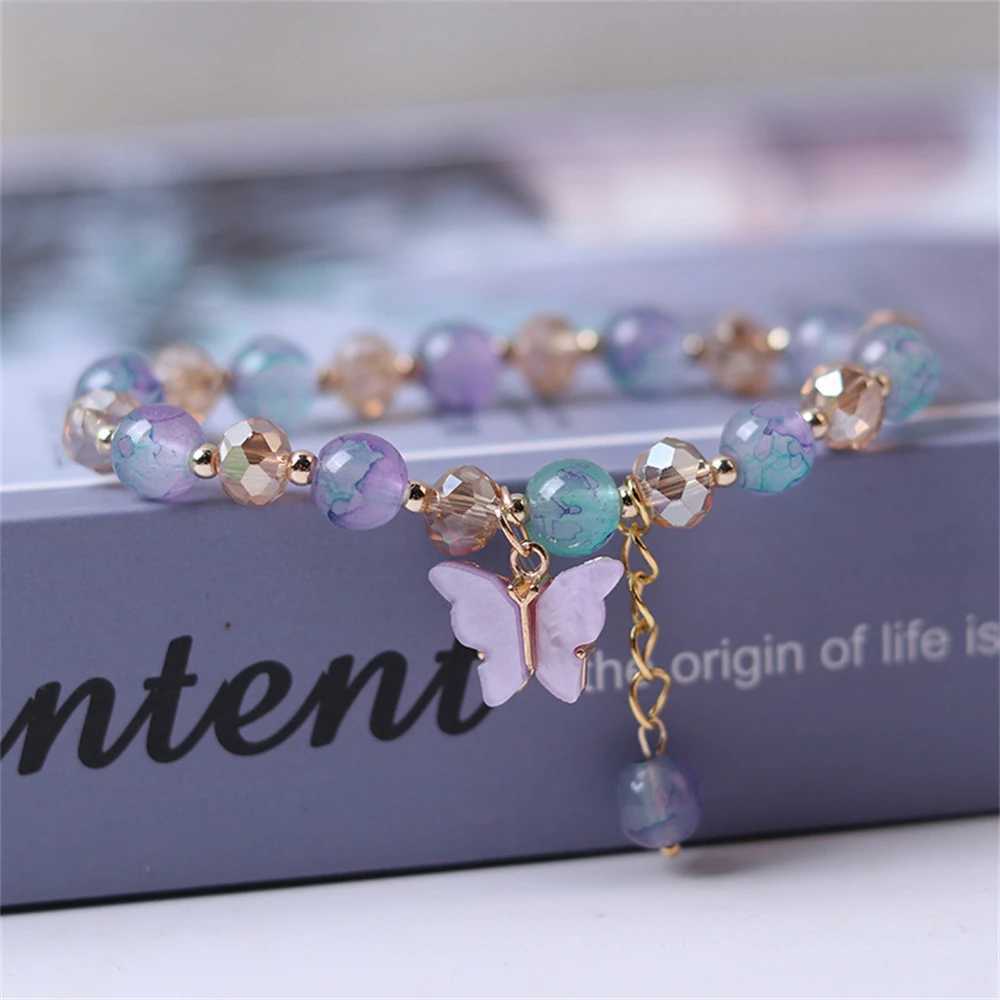 Fashionable butterfly bead bracelet suitable for women imitates jade bohemian crystal charm elastic rope bracelet handmade jewelry W240913