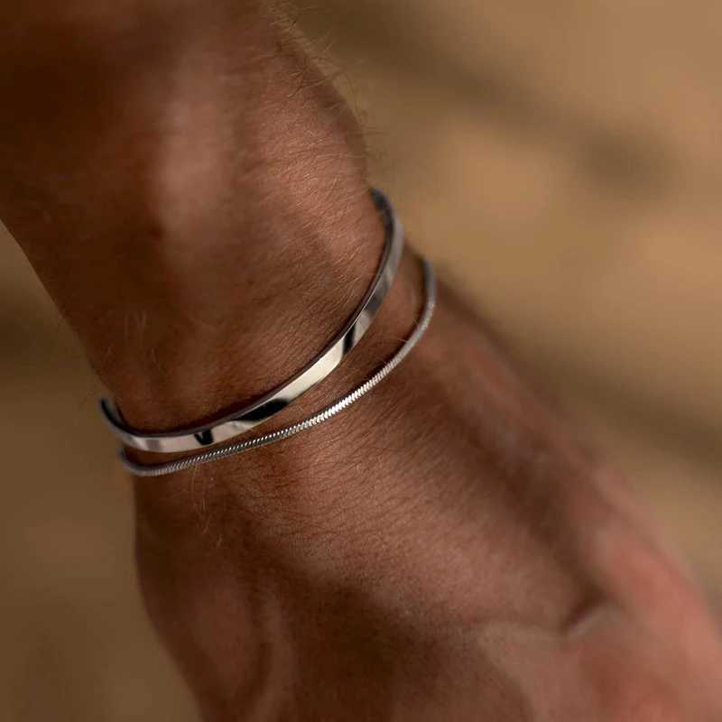 Stackable Bracelets for Men 925 Sterling Silver/14K Gold Plated Bracelet Sets Dainty Cuff Bangle Box Cuban Link BraceletsX240913