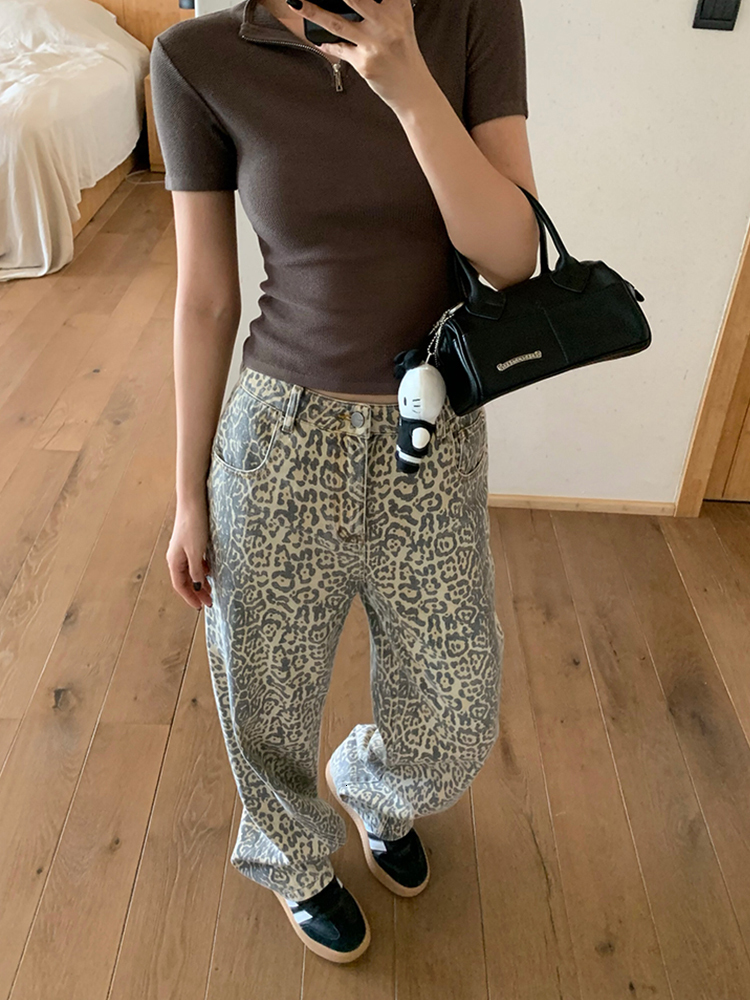 Gothic Women's Leopard Print Vintage Casual Streetwear High Waist Loose Trashy Pants Y2K Baggy Trouser Denim Jeans