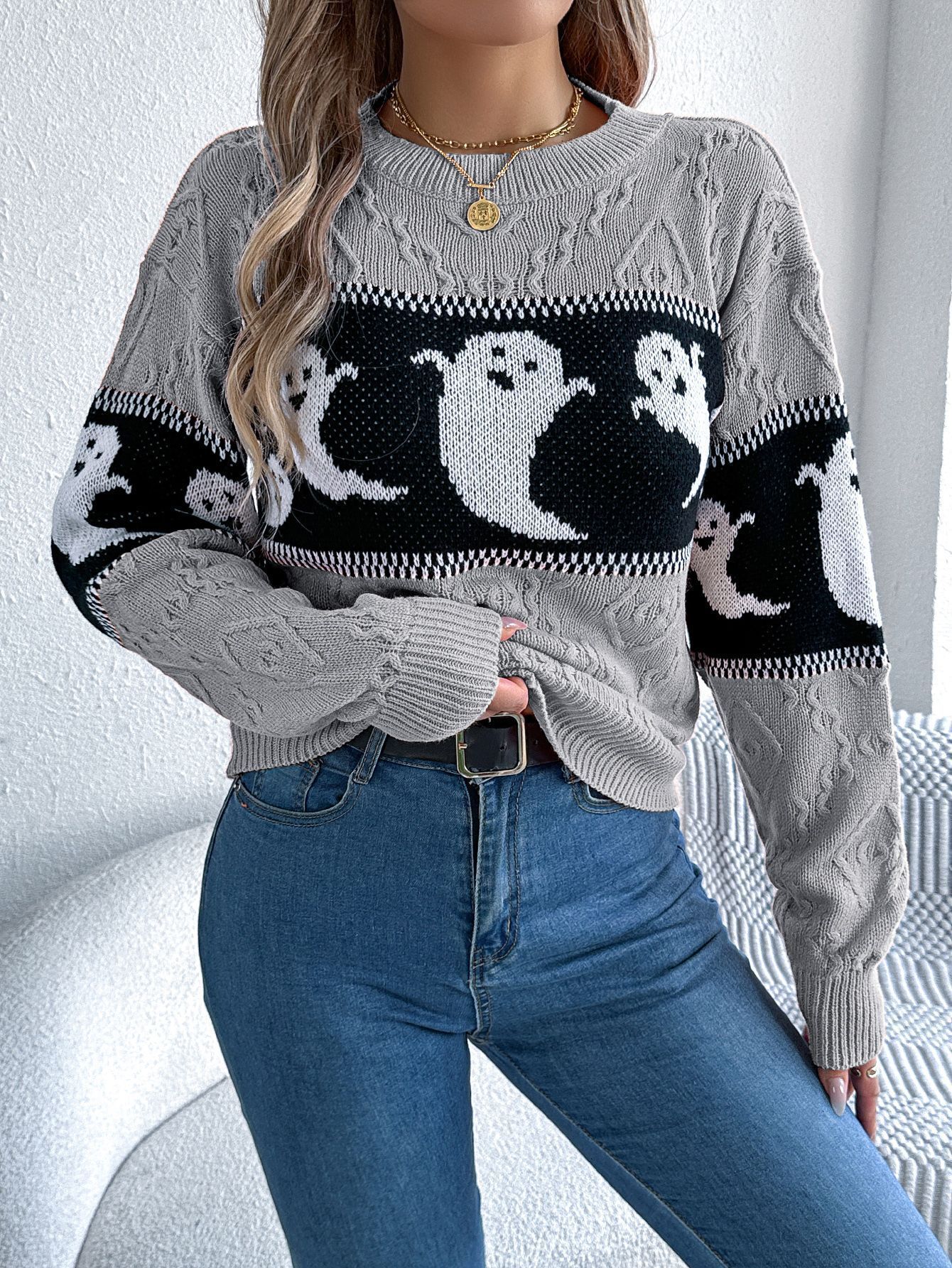 dongdumaoyi New autumn and winter women's Halloween themed ghost contrasting knitted sweater top with lazy style loose sweater for women F0913#58