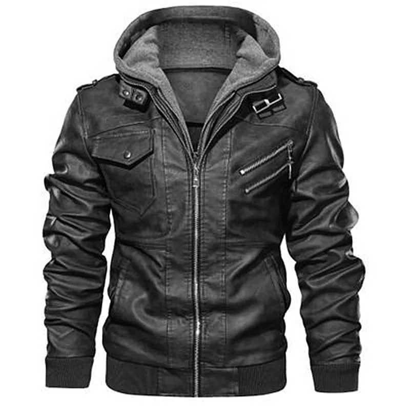 Autumn And Winter Vacation Two Piece Leather Coat Mens Hooded Motorcycle Leather Jacket Detachable Hat Coat Punk Rock CoatX240913