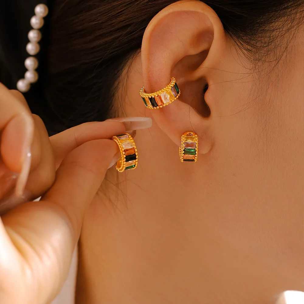 Copper Hollow Personality Small Earrings Womens Colorful Square Glass Stone Bohemian Ear Clips Luxury Designer Jewelry GiftX240913