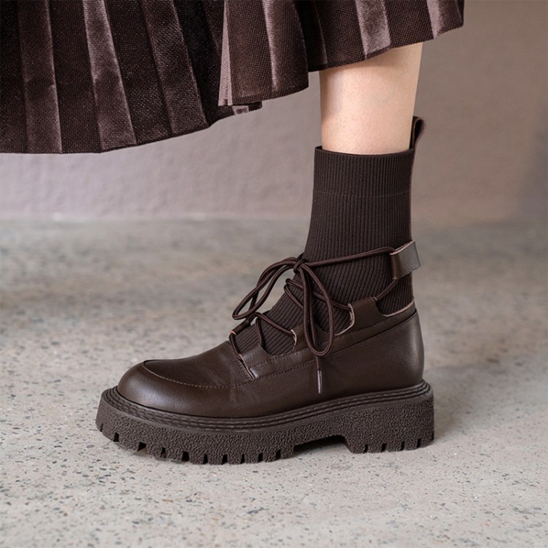 Genuine Fashin Leather Platform Fall Shoes 2021 Winter Round Toe Low Thick Heel Women Boots dc26