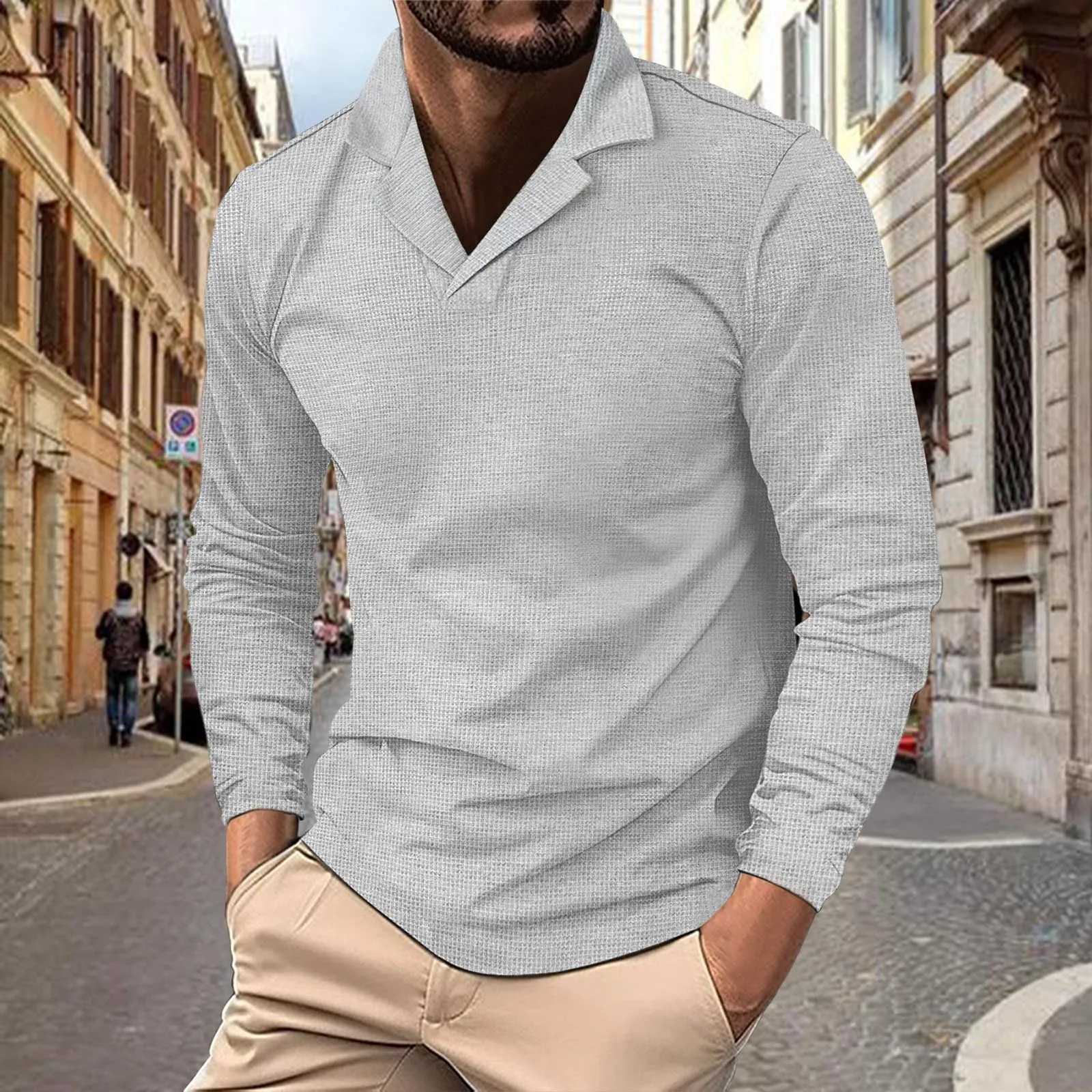 Mens waffle shirt casual long sleeved solid color polo shirt top lapel shirt mens business black sports shirt W240913