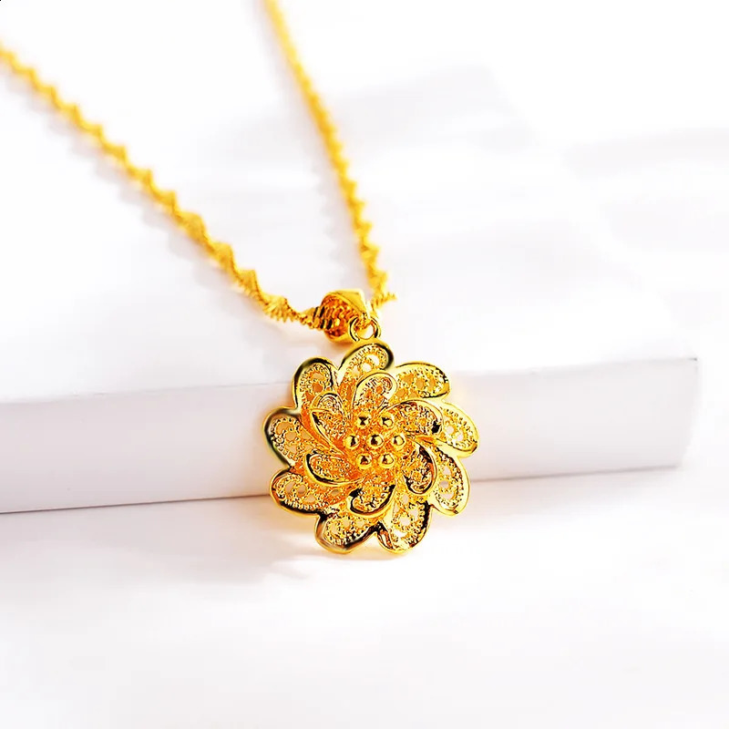 AU999 gold necklace womens flower pendant sweater chain 24K pure Japanese and Korean girlfriend fashion jewelry 240912