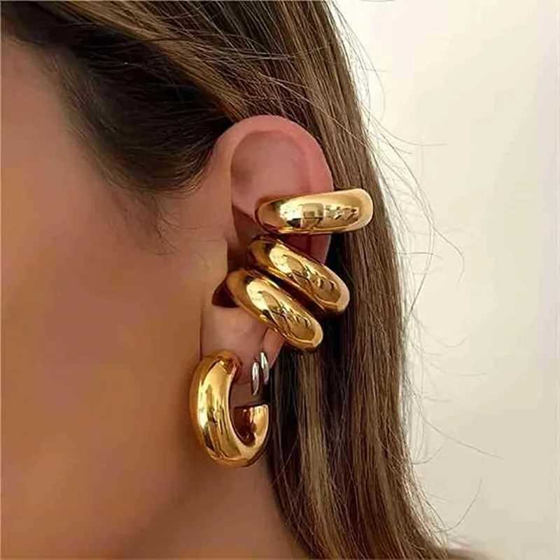 Punk Non Piercing Chunky Round Circle Clip Earring for Women Gold Color C Shape Ear Cuff Stud Tube Thick Earclips Jewelry GiftsX240913
