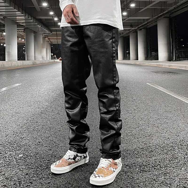 Harajuku Black Jeans Mens Vibe Waxed Casual Trousers Straight Pockets Oversized Pencil Pants Loose Hip Hop Mens Pants M240912