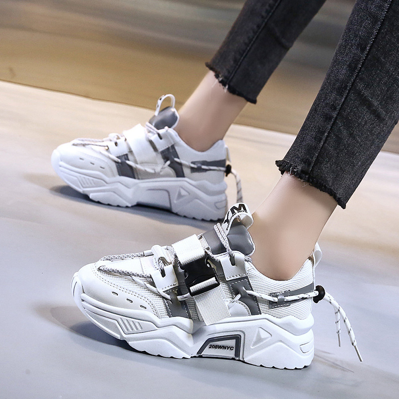 Platform Women Leather Casual Ladies Chunky Shoes 2021 White Woman High Black Fashion Brand Thick Soled Wedge Sneakers d83d